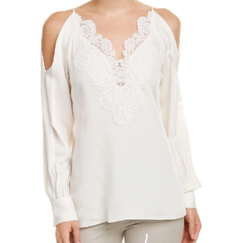 Elie Tahari Paisley Elegant Silk Cold Shoulder Blouse in White